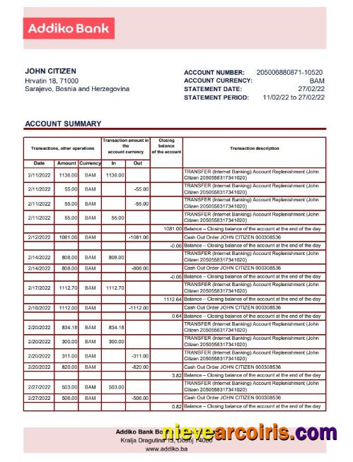 Bosnia and Herzegovina Addiko Bank statement